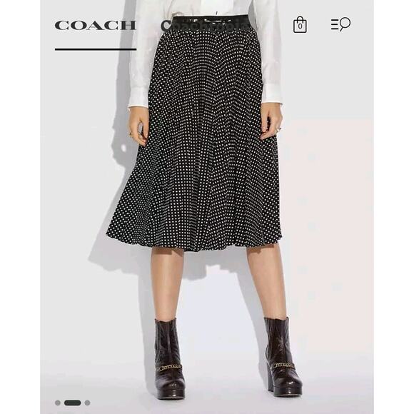 NWOT Coach Women's Micro Dots Pleated A Line Midi Skirt SIZE 2 black & White